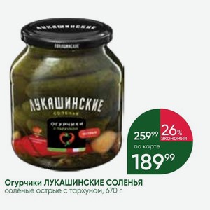 Огурчики ЛУКАШИНСКИЕ СОЛЕНЬЯ солёные острые с тархуном, 670 г