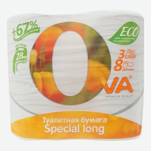 Туалетная бумага Ova 3-сл 8 рул*16,75м 100% целлюлоза, ПАЛП Инвест ООО