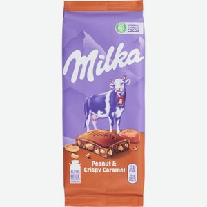Шоколад Milka Молочный с арахисом и кусочками хрустящей карамели 90г