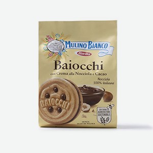 Печенье Mulino Bianco Байокки сандвичное сахарное с какао-ореховым кремом, 260 г, Италия
