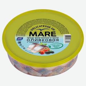 Сельдь слабосоленая Mare Оливковая филе-кусочки в масле с томатами и базиликом, 400 г