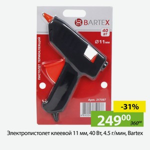 Электропистолет клеевой, 11мм, 40Вт, 4,5г/мин, Bartex.