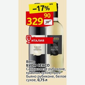 Вино БУОН СЕНСО Санджовезе рубиконе, красное сухое/треббьяно рубиконе, белое сухое, 0,75 л