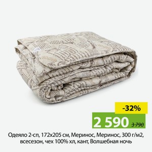 Одеяло 2-сп, 172х205 см, Меринос, Меринос, 300 г/м2, всесезон, чех 100% хл, кант, Волшебная ночь
