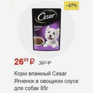 Корм влажный Cesar Ягненок в овощном соусе для собак 85г