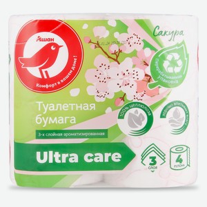 Туалетная бумага АШАН Красная птица Сакура 3 слоя, 4 рулона