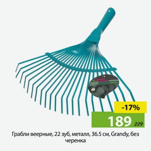 Грабли веерные, 22 зуб, металл, 36.5 см, Grandy, без черенка