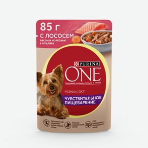 Влажный корм Purina ONE Мини Чувствительное пищеварение для взрослых собак мелких пород с чувствительным пищеварением, с лососем, рисом и морковью в подливе 85 г