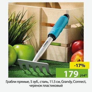 Грабли прямые, 5 зуб., сталь, 11.5 см, Grandy, Connect, черенок пластиковый