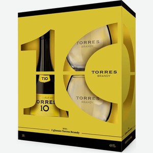 Бренди Torres Gran Reserva 10-летний 38% 700мл в подарочной упаковке + 2 стопки