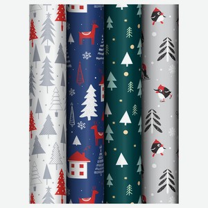 Упаковочная бумага глянц. 70*100см, MESHU  New Year , 80 г/м2, ассорти, 4 дизайна