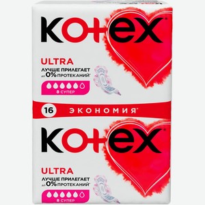 Прокладки KOTEX Super Ultra Dry&Soft Absorbent ultra жен гигиен с крыл, Чехия, 16 шт