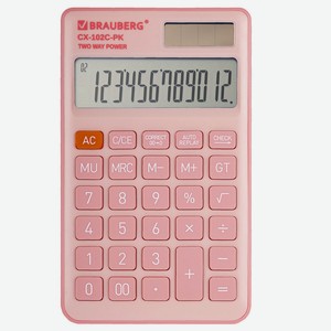Калькулятор карманный BRAUBERG CX-102C-PK (76x126мм), 12 разрядов, двойное питание, РОЗОВЫЙ, 272650