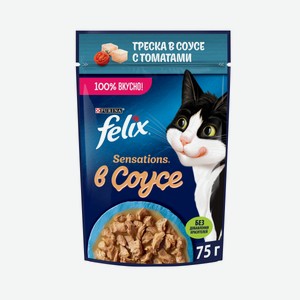 Влажный корм для взрослых кошек Феликс (Felix) Приятные ощущения (Sensations) с треской в соусе с томатами 75 г