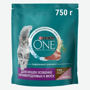 Сухой корм Пурина Уан (Purina One) полнорационный для кошек особенно привередливых к вкусу с высоким содержанием утки и c печенью 750 г