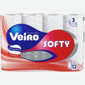 Бумага туалетная Вейро (Veiro) Софти (Softy) 3 cлоя 12 шт.