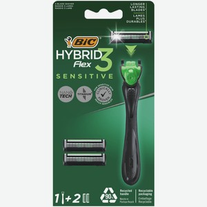 Бритва мужская BIC Hybrid 3 Flex Sensitive для чувствительной кожи 3 лезвия, 1 ручка и 2 сменные кассеты