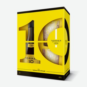 Бренди Torres Gran Reserva 10 лет + 2 стакана в подарочной упаковке, 0.7л Испания