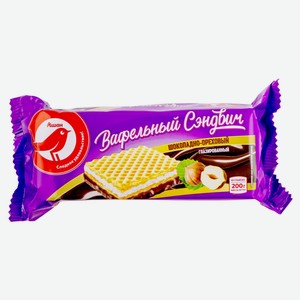 Сэндвич вафельный АШАН Красная птица с шоколадно-ореховым вкусом частично глазированный, 200 г