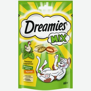 Лакомство Dreamies Лакомые подушечки для взрослых кошек со вкусом курицы и кошачьей мяты, 60г Россия